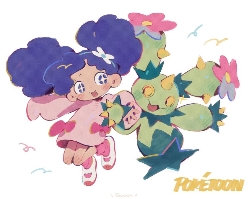 1girl :3 alternate_costume aqua_hairband artist_name asymmetrical_sleeves blue_eyes blue_hair blush body_blush bow child copyright_name creatures_(company) dark_blue_hair dot_nose double_bun flower full_body game_freak gen_5_pokemon hair_bun hair_flower hair_ornament hairband highres jumping knees_up long_sleeves looking_at_another maractus nintendo no_pants open_hand open_mouth oversized_clothes oversized_shirt pink_bow pink_shirt pink_socks pokemon pokemon_(anime) pokemon_(creature) poketoon raised_eyebrows red_footwear rerain shirt shirt_bow shoes side-by-side simple_background sleeves_past_fingers sleeves_past_wrists socks sparkling_eyes streamers tongue two-tone_footwear uneven_sleeves uwabaki vashti_(pokemon) white_background white_footwear