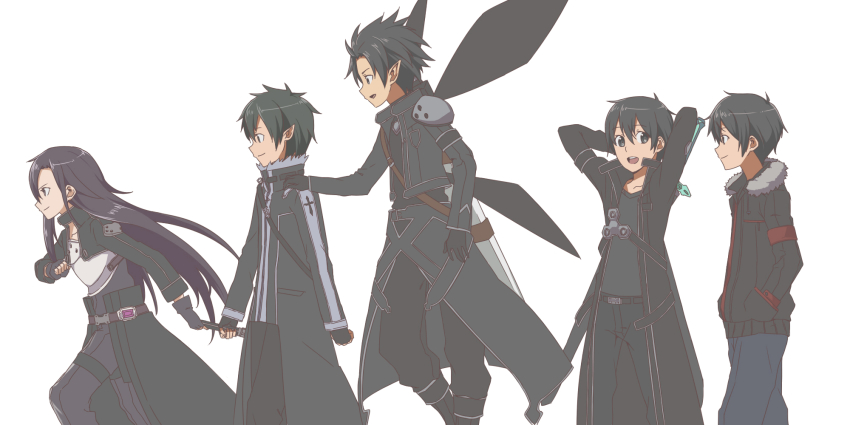 10s 5boys armor bad_id bad_pixiv_id black_eyes black_hair breastplate fairy_wings fingerless_gloves gloves hands_in_pockets highres kirito kirito_(sao-alo) kirito_(sao-ggo) long_hair multiple_boys multiple_persona needle_(needlebomb) needlebomb pointy_ears short_hair spiked_hair sword sword_art_online trap weapon wings