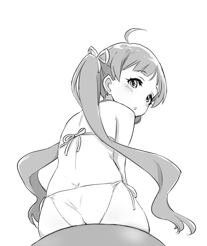 1girl absurdres ahoge ass back bikini blush from_behind greyscale hakozaki_serika highres idolmaster idolmaster_million_live! long_hair looking_at_viewer looking_back minazuki_tooru monochrome side-tie_bikini_bottom sitting solo swimsuit twintails