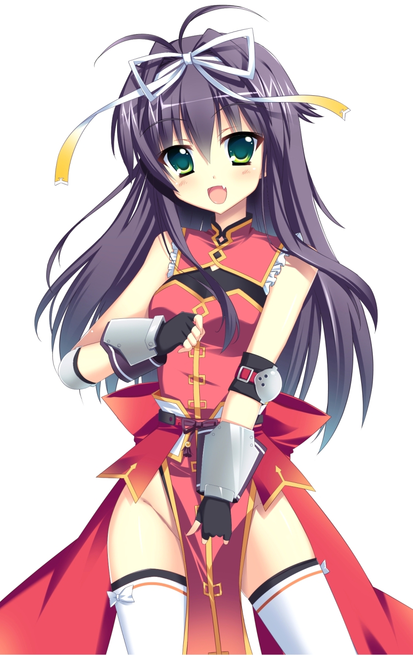 10s 1girl :d bare_shoulders blush bow fang female_focus fingerless_gloves frills gauntlets gloves green_eyes groin hair_ribbon highres long_hair lyrical_nanoha magical_girl mahou_shoujo_lyrical_nanoha_vivid open_mouth pelvic_curtain purple_hair raiou ribbon rio_wezley smile solo thighhighs