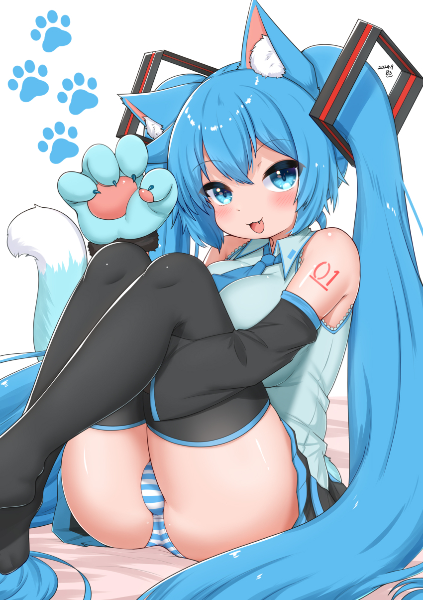 1girl :3 animal_ear_fluff animal_ears ass bare_shoulders black_sleeves black_thighhighs blue_eyes blue_gloves blue_hair blue_necktie blue_stripes blue_trim blush breasts cat_ears cat_girl cat_tail claw_pose collared_shirt dated detached_sleeves fang feet_out_of_frame fur-trimmed_gloves fur_trim gloves grey_shirt hair_between_eyes hair_ornament hand_on_own_leg hand_up hatsune_miku highres horokusa_(korai) hugging_own_legs knees_up large_breasts legs_together long_hair long_sleeves looking_at_viewer miniskirt necktie number_tattoo open_mouth panties paw_gloves paw_print paw_print_background pleated_skirt shirt sitting skirt sleeveless sleeveless_shirt smile solo straight_hair striped_clothes striped_panties tail tail_raised tattoo thighhighs twintails two-tone_tail underwear very_long_hair vocaloid white_background white_stripes