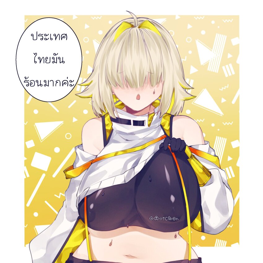 1girl ahoge aoichan_77 black_gloves black_sports_bra blonde_hair breasts clothing_cutout crop_top cropped_sweater elegg_(nikke) gloves goddess_of_victory:_nikke hair_intakes hair_over_eyes highres large_breasts long_bangs long_sleeves looking_at_viewer multicolored_clothes multicolored_gloves multicolored_hair navel olo short_hair shorts shoulder_cutout sports_bra suspender_shorts suspenders sweat two-tone_hair yellow_gloves