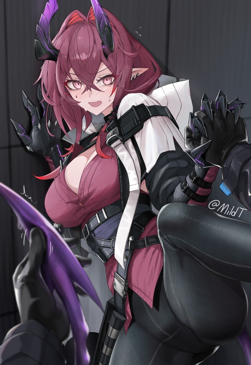 1girl 1other absurdres ambiguous_gender arknights ascalon_(arknights) black_pasties breasts commentary crossed_bangs demon_horns demon_tail doctor_(arknights) hair_between_eyes hair_intakes highres horns interlocked_fingers large_breasts long_hair looking_at_viewer mildt open_mouth pointy_ears pov purple_eyes purple_hair purple_shirt shirt solo_focus tail tail_grab twitter_username