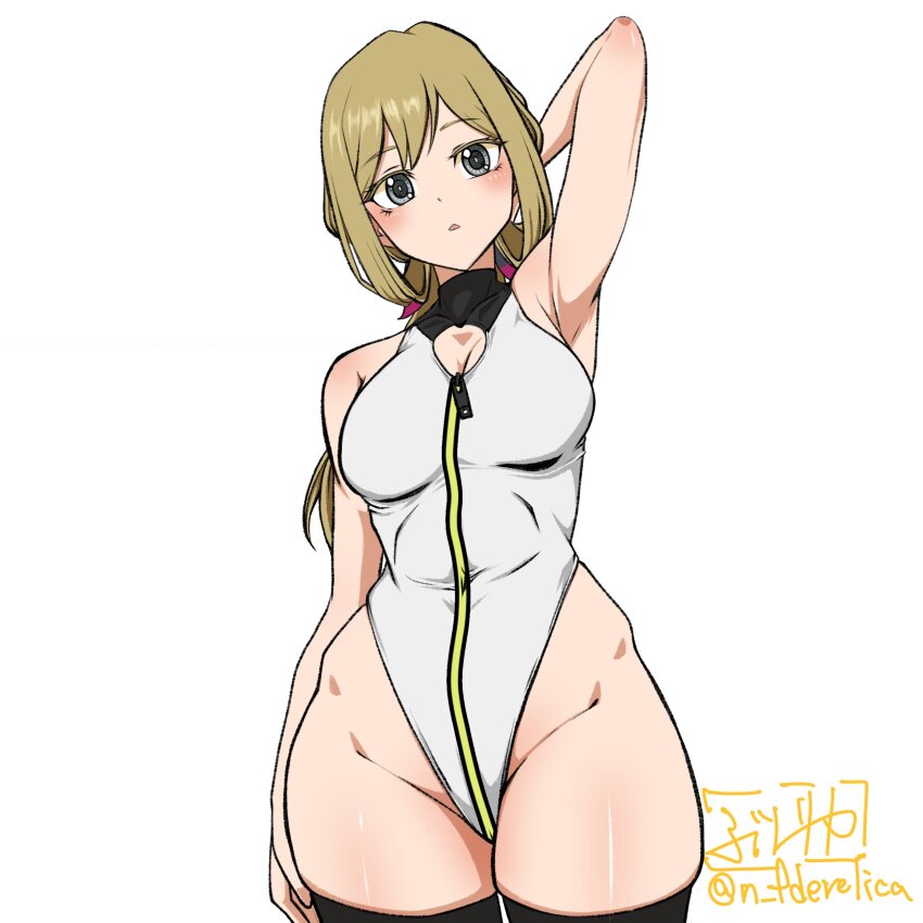 1girl absurdres alice_gear_aegis arm_behind_head black_thighhighs breasts circle_cutout cleavage_cutout clothing_cutout companion/af covered_collarbone covered_navel front_zipper full-length_zipper heattech_leotard highleg highleg_leotard highres leotard medium_breasts namari_fudetarou race_queen rita_henschel simple_background sleeveless_turtleneck_leotard solo thighhighs turtleneck two-tone_leotard white_background white_leotard zipper zipper_leotard zipper_pull_tab