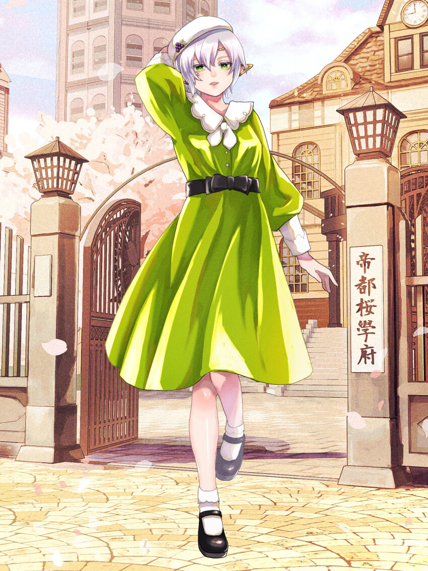 1girl arm_up belt_bow black_bow black_footwear bow breasts dairoku_ryouhei day dress elf facial_mark fruit_hat_ornament full_body green_dress green_eyes grey_hair hat highres long_sleeves looking_at_viewer mary_janes nirenamiyuu outdoors pointy_ears shirin_carbine shoes small_breasts socks solo standing white_hat white_socks