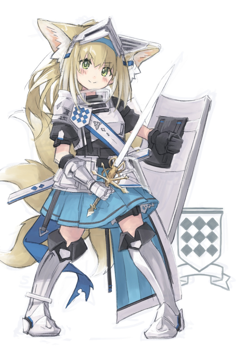 &gt;:) 1girl absurdres animal_ear_fluff animal_ears arknights armor armored_boots black_gloves blue_skirt blush boots breastplate closed_mouth fold-over_boots fox_ears fox_girl fox_tail full_body gloves green_eyes hair_between_eyes highres holding holding_shield holding_sword holding_weapon kitsune knee_boots light_brown_hair pleated_skirt semi_colon shield simple_background single_glove skirt smile solo standing suzuran_(arknights) sword tail v-shaped_eyebrows weapon white_background