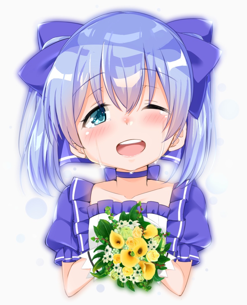 1girl ;d blue_bow blue_choker blue_eyes blue_hair bouquet bow cacao_(chocolat) choker collarbone crying crying_with_eyes_open female_focus flower frilled_shirt frills gloves grey_background hair_between_eyes hair_bow head_tilt heart highres holding holding_bouquet nijisanji one_eye_closed open_mouth puffy_short_sleeves puffy_sleeves round_teeth shirt short_sleeves simple_background smile solo tears teeth twintails upper_teeth_only virtual_youtuber white_flower white_gloves white_shirt yellow_flower yuuki_chihiro yuuki_chihiro_(1st_costume)