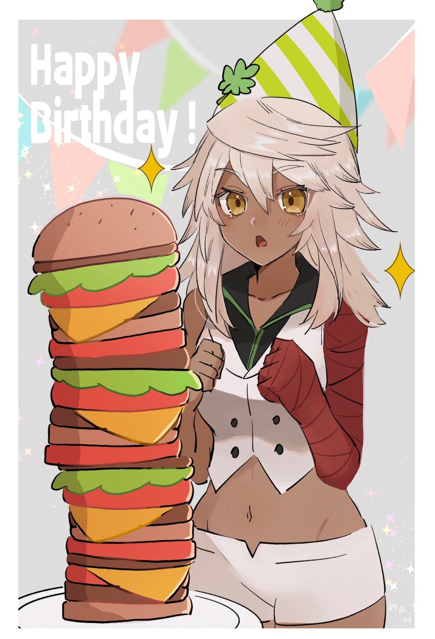 bandaged_arm bandages blush burger cheesenaanlassi clover dark-skinned_female dark_skin food four-leaf_clover guilty_gear guilty_gear_xrd highres navel orange_eyes ramlethal_valentine red_bandage short_shorts shorts smile white_shorts