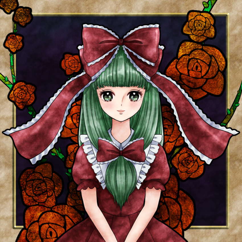 1girl blunt_bangs bow dress flower frilled_bow frilled_ribbon frills front_ponytail green_eyes green_hair highres kagiyama_hina kyabekko looking_at_viewer plant red_bow red_dress red_ribbon ribbon rose smile solo touhou upper_body vines