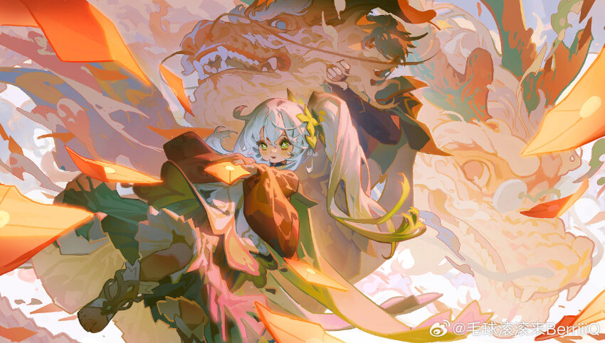 1boy 1girl alhaitham_(genshin_impact) alternate_costume analogous_colors behind_another dot_nose dragon dragon_dance eastern_dragon floating genshin_impact glowing highres holding letter light_blush long_hair long_sleeves maoqiu_gungun_lai_berriiiq nahida_(genshin_impact) projected_inset side_ponytail solo_focus weibo_watermark