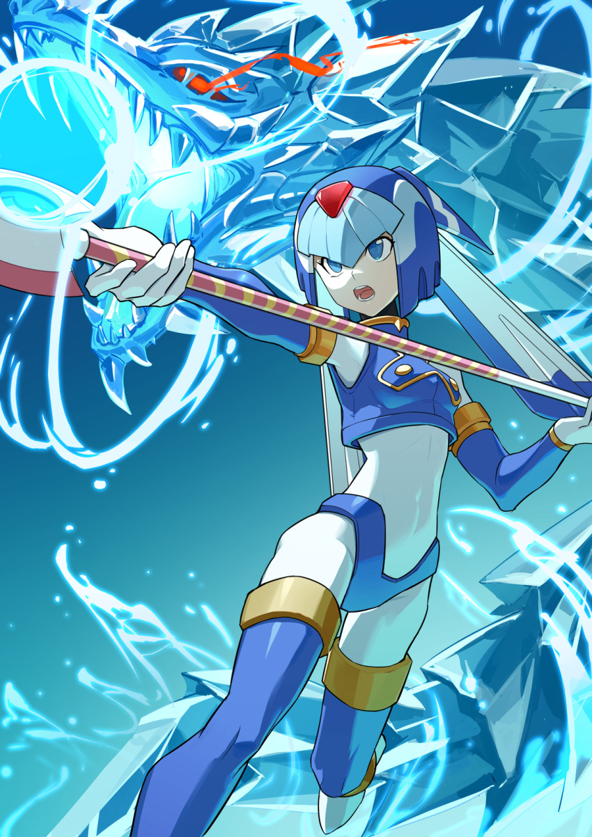 1girl armor blue_armor blue_eyes blue_helmet dragon fairy_leviathan_(mega_man) fins forehead_jewel head_fins helmet highres holding holding_polearm holding_weapon ice_dragon mega_man_(series) mega_man_zero_(series) open_mouth polearm sharp_teeth solo_focus spear teeth u_wstr weapon