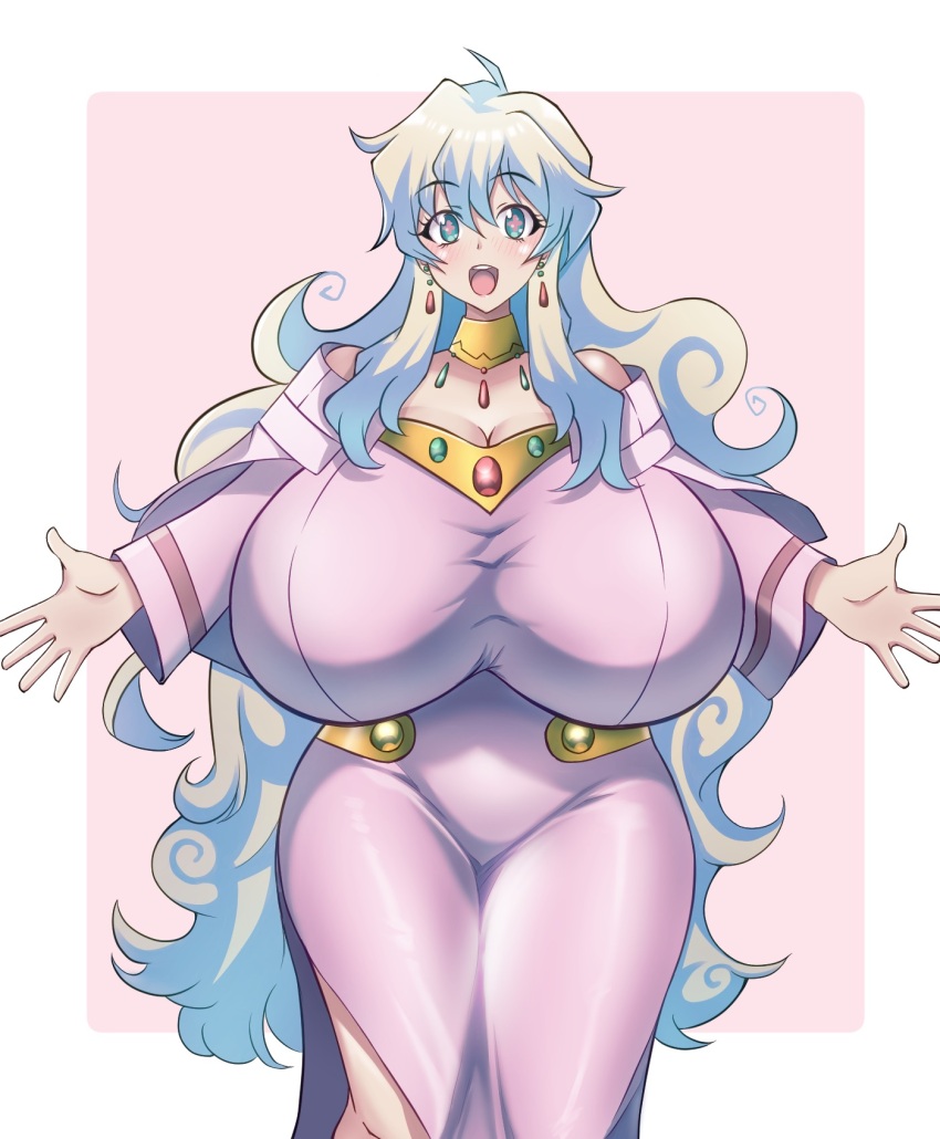 1girl blue_eyes blush breasts codeorange162 curvy dress highres huge_breasts long_hair looking_at_viewer nia_teppelin pink_background pink_dress simple_background smile solo symbol-shaped_pupils tengen_toppa_gurren_lagann thick_thighs thighs very_long_hair wide_hips