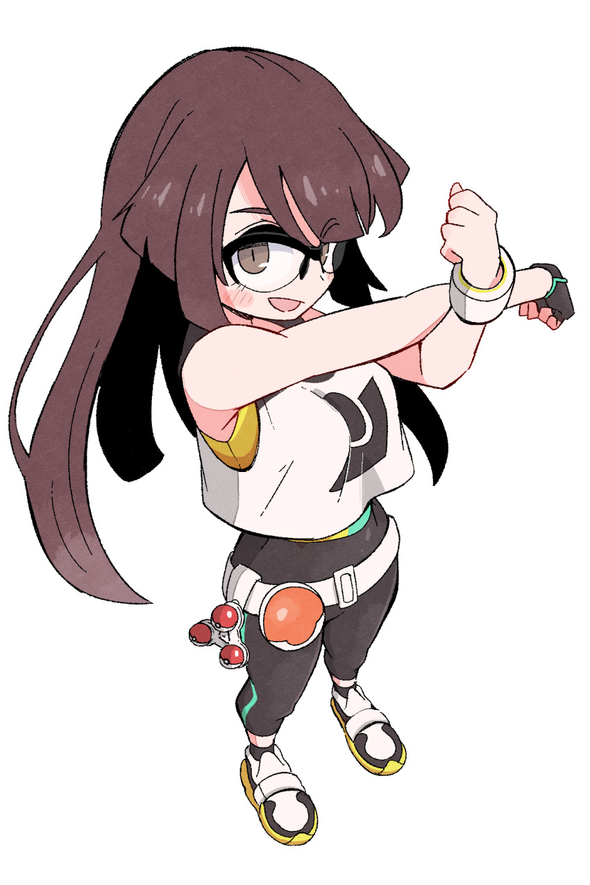 1girl :d belt black-framed_eyewear black_leggings black_socks blush bracelet brown_eyes brown_hair clenched_hands commentary_request creatures_(company) female_protagonist_(pokemon_champions) full_body game_freak glasses gloves happy highres holster jewelry kurachi_mizuki leggings long_hair looking_at_viewer nintendo open_mouth poke_ball poke_ball_(basic) pokemon pokemon_champions semi-rimless_eyewear shoes simple_background single_glove smile socks solo standing stretching vest white_background white_belt white_shoes white_vest