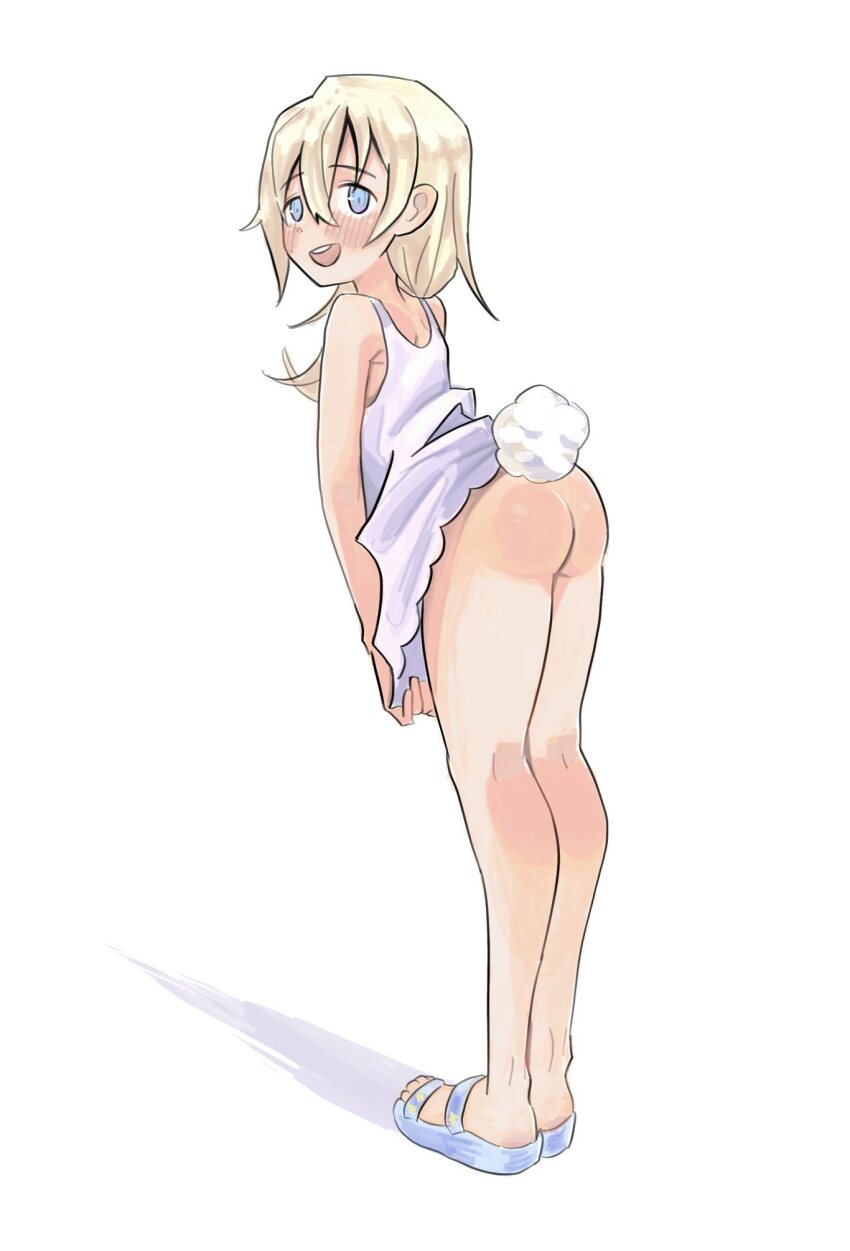 1girl ass blonde_hair blue_eyes blush commentary fake_tail hair_between_eyes highres kingdom_hearts leaning_forward long_hair namine open_mouth rabbit_tail simple_background smile solo spaghetto087 tail teeth upper_teeth_only white_background