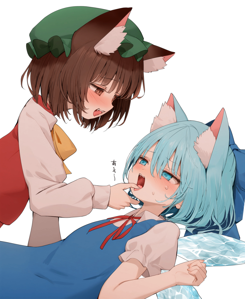 2girls :d animal_ear_fluff animal_ears blue_bow blue_dress blue_eyes blue_hair blush bow bowtie brown_eyes brown_hair cat_day cat_ears cirno collared_shirt commentary_request dress green_hat hair_bow hand_on_another&#039;s_mouth hat highres kemonomimi_mode long_sleeves mikan_(manmarumikan) mob_cap multiple_girls neck_ribbon open_mouth pinafore_dress puffy_short_sleeves puffy_sleeves red_ribbon ribbon shirt short_hair short_sleeves simple_background sleeveless sleeveless_dress smile sweat teeth tongue tongue_out touhou white_background white_shirt yellow_bow yellow_bowtie