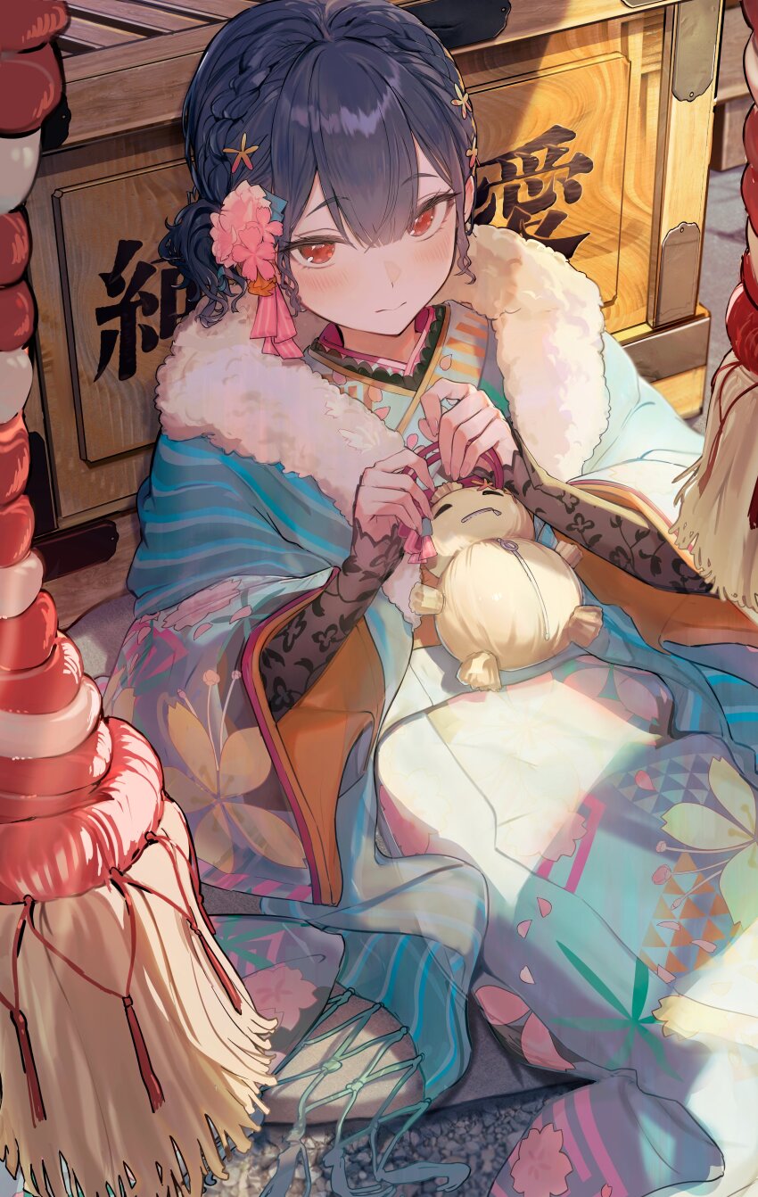 1girl absurdres blue_hair blue_kimono braid commentary_request elbow_gloves fingerless_gloves floral_print floral_print_kimono fur-trimmed_kimono fur_trim gloves hair_ornament highres idolmaster idolmaster_shiny_colors japanese_clothes kimono lace lace-trimmed_gloves lace_trim light_blush looking_at_viewer morino_rinze red_eyes short_hair shrine sitting solo twin_braids uouokuma