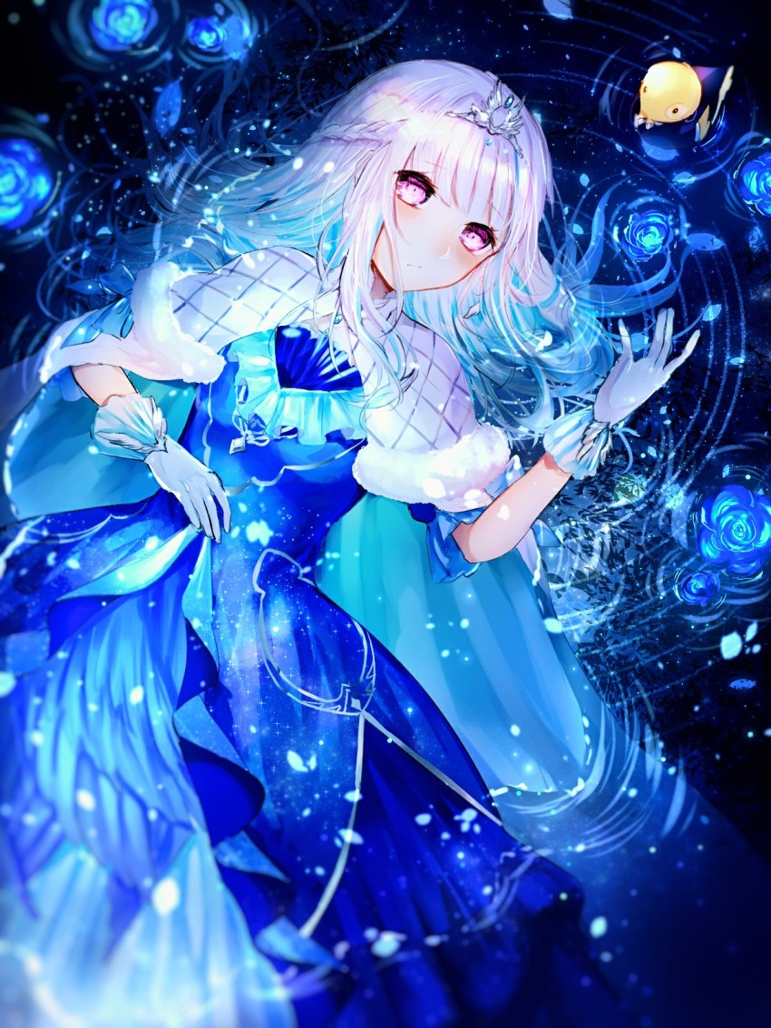 1girl blue_dress blue_theme capelet cloak closed_mouth dress fur-trimmed_capelet fur_trim gloves highres lize_helesta lize_helesta_(3rd_costume) nijisanji noyu_(noyu23386566) pink_eyes ripples solo tiara virtual_youtuber water white_gloves white_hair