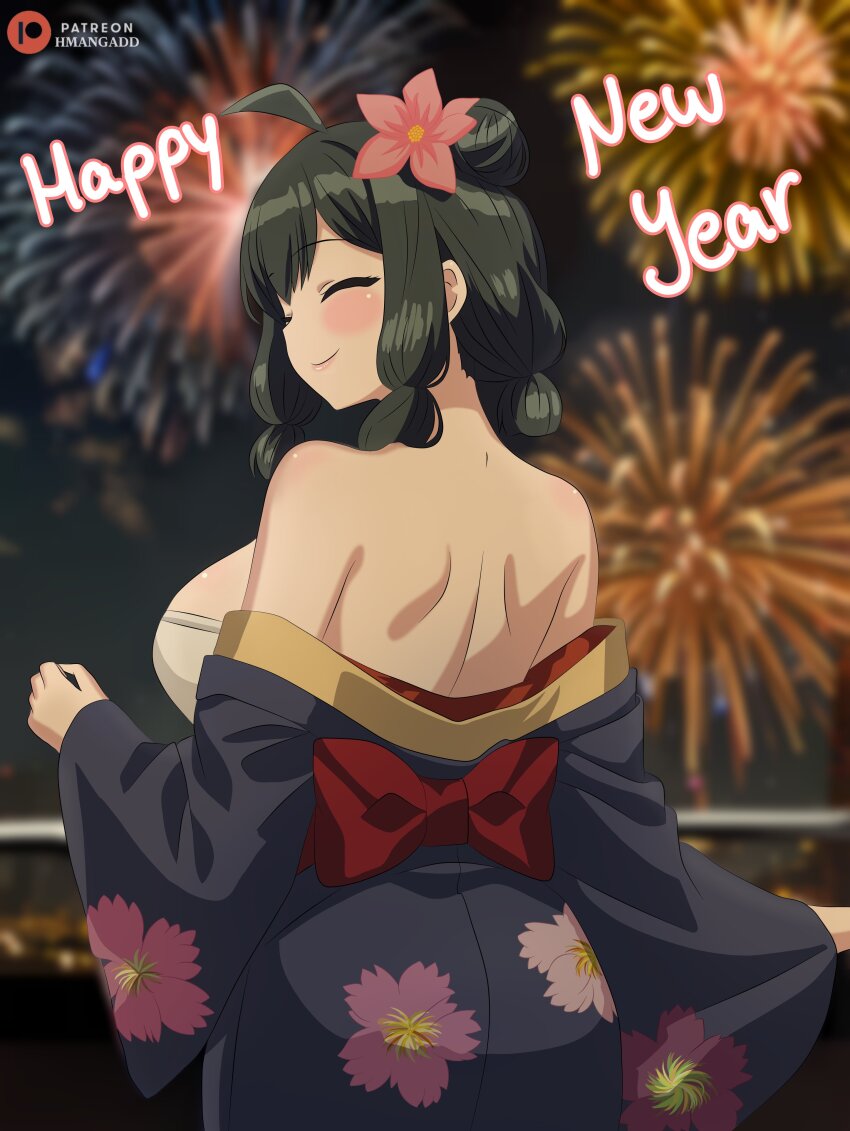 1girl ^_^ absurdres aerial_fireworks alternate_hairstyle back black_kimono blurry bow closed_eyes closed_mouth depth_of_field fireworks floral_print floral_print_kimono flower from_behind green_hair hair_flower hair_ornament happy_new_year highres hmangadd japanese_clothes kimono kimono_pull komi-san_wa_komyushou_desu new_year night otori_kaede outdoors patreon_logo patreon_username print_kimono red_bow red_sash sash smile solo standing wide_sleeves