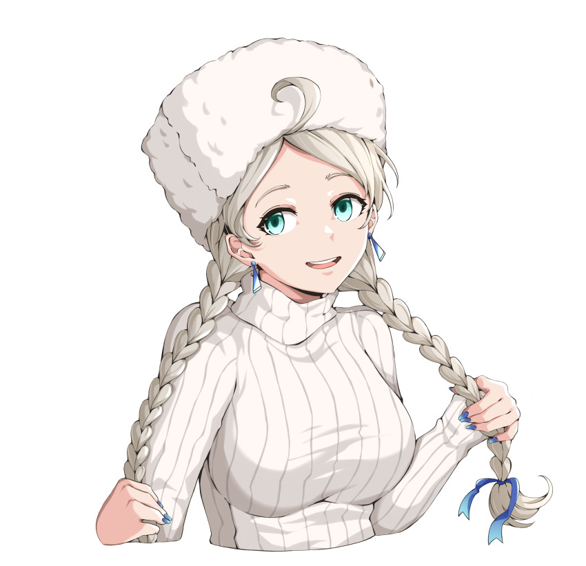 1girl absurdres ahoge alternate_costume blue_eyes blue_nails blue_ribbon braid breasts commission commissioner_upload crystal_earrings earrings facing_to_the_side fire_emblem fire_emblem_fates fur_hat grey_hair hat highres jewelry long_hair looking_to_the_side low_twin_braids medium_breasts nail_polish nina_(fire_emblem) nintendo non-web_source open_mouth parted_bangs pulling_own_hair ribbon solo sweater teeth transparent_background turtleneck turtleneck_sweater twin_braids upper_body upper_teeth_only ushanka villager_c white_hat white_sweater