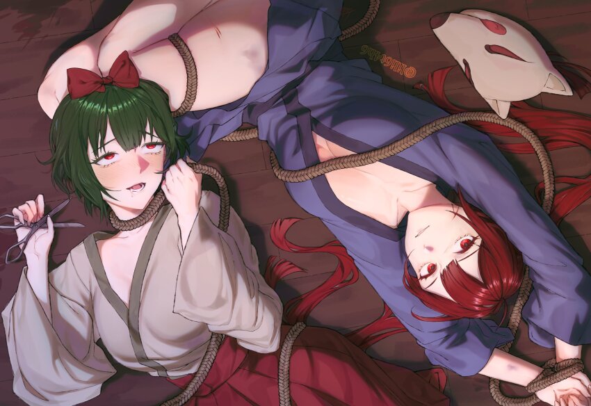 2girls arms_up blood blue_kimono blush bound bound_wrists bow breasts bruise bruise_on_leg cleavage collarbone commentary cuts drooling english_commentary fox_mask green_hair grey_kimono gumi hair_bow hakama hakama_skirt hatsune_miku highres holding holding_rope holding_scissors injury japanese_clothes kimono kitsune_no_yomeiri_(vocaloid) long_hair long_sleeves lying mask medium_breasts minlover646 multiple_girls oborozuka_akari on_back on_floor oni_to_kitsune_no_hanashi open_mouth parted_lips red_bow red_eyes red_hair red_hakama rope rotated saliva sash scissors scratches shishikusa_mai short_hair skirt twintails twitter_username unworn_mask vocaloid wide_sleeves