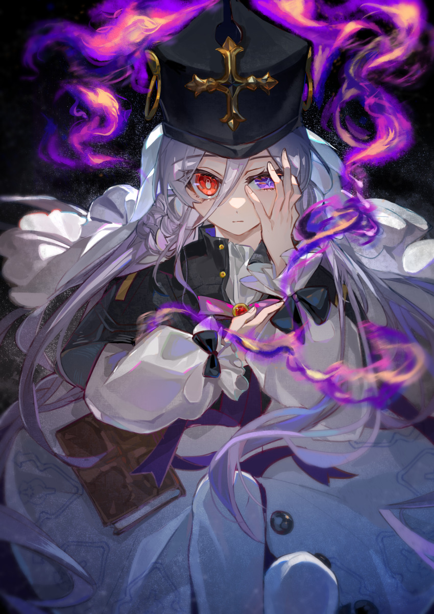 1girl absurdres black_background black_hat book closed_mouth cross_hat_ornament dress dubra_(honkai:_star_rail) hat heterochromia highres honkai:_star_rail honkai_(series) long_hair looking_at_viewer purple_eyes qieazhibingjiling red_eyes solo very_long_hair white_dress white_hair