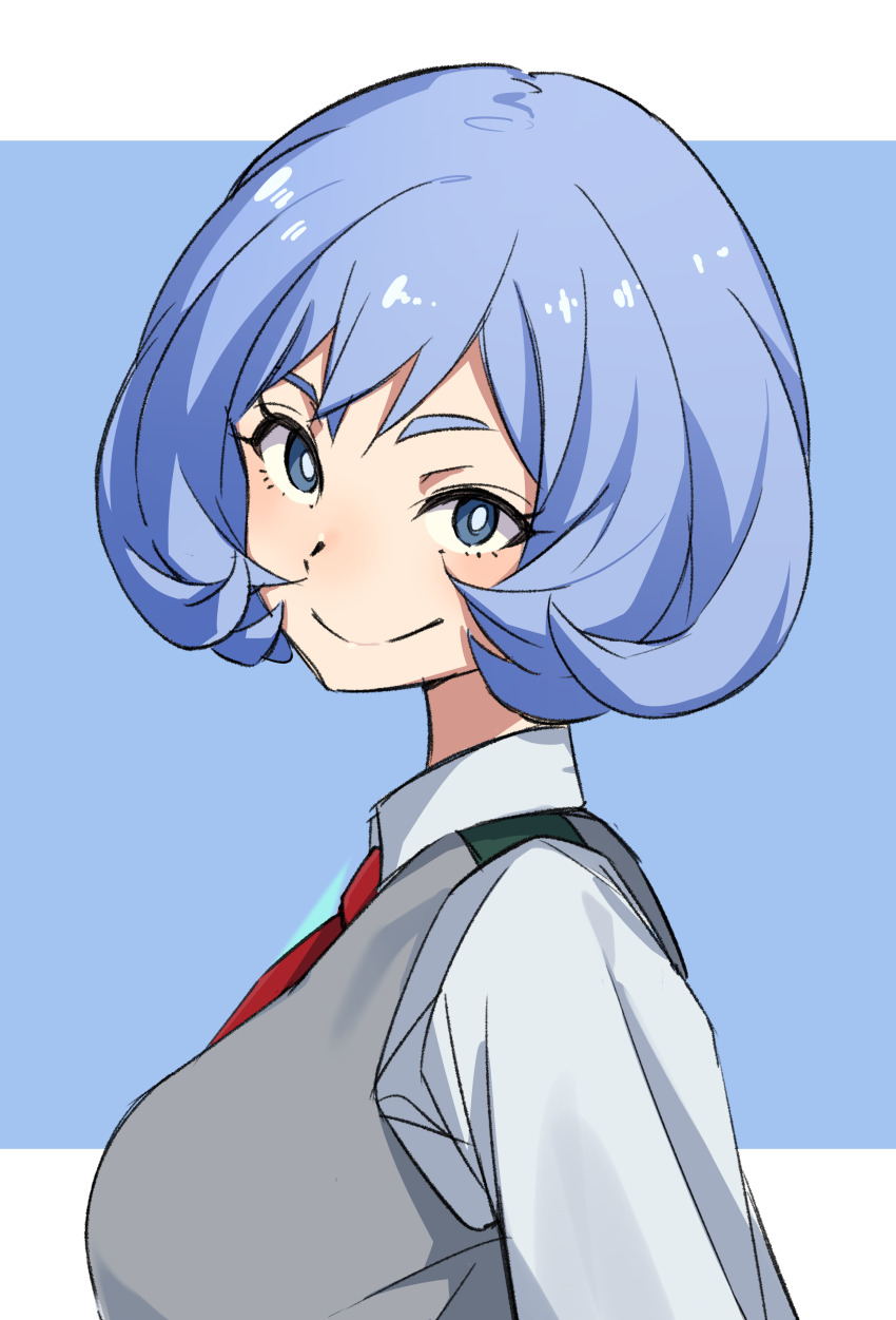 1girl absurdres alternate_hair_length alternate_hairstyle blue_eyes blue_hair boku_no_hero_academia closed_mouth collared_shirt from_behind grey_vest hado_nejire highres looking_at_viewer necktie red_necktie school_uniform shirt short_hair smile solo tar0u u.a._school_uniform vest white_shirt