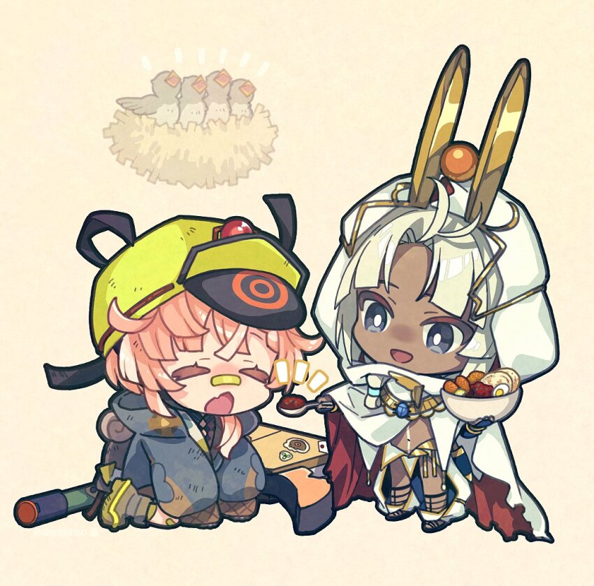 1boy 1girl backpack bag bandaid bandaid_on_face bandaid_on_nose bird bird_nest bowl chibi cloak dark-skinned_male dark_skin fang fate/grand_order fate_(series) feeding food grey_eyes grey_hair holding holding_spoon hood hooded_cloak mining_helmet orange_hair pickaxe saipaco scarab skin_fang spoon tutankhamun_(fate) tutankhamun_(first_ascension)_(fate) van_gogh_(fate) van_gogh_(miner)_(fate)