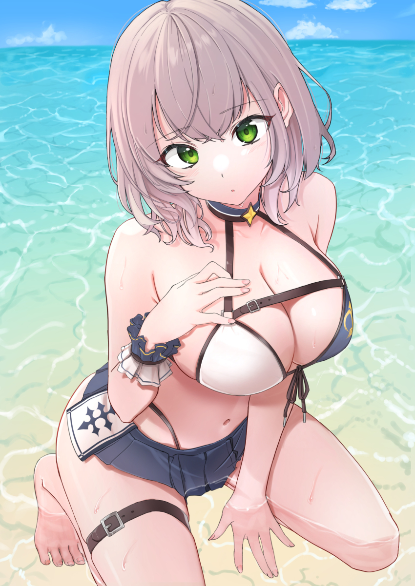 1girl :o adapted_costume arm_between_legs arm_support beach bikini bikini_skirt blue_choker blush breasts choker cleavage commentary front-tie_bikini_top front-tie_top green_eyes grey_hair halterneck hand_on_own_chest highres hololive kneeling large_breasts looking_at_viewer medium_hair motoraku multi-strapped_bikini_bottom multicolored_bikini navel ocean parted_lips shirogane_noel shirogane_noel_(summer_2020) skindentation solo summer swimsuit thigh_strap two-tone_bikini virtual_youtuber water wavy_hair white_bikini