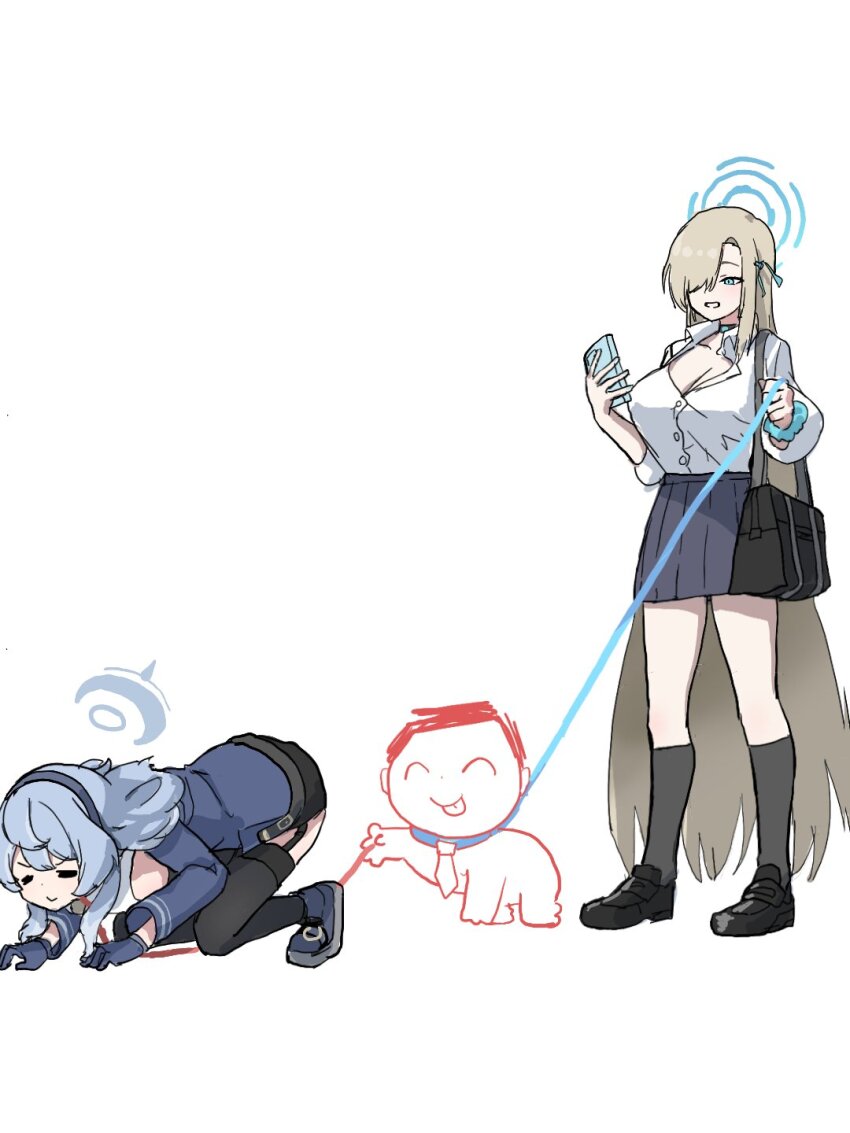 1boy 2girls ako_(blue_archive) asuna_(blue_archive) asuna_(school_uniform)_(blue_archive) bag blonde_hair blue_archive blue_eyes blue_hair blue_halo commentary doodle_sensei_(blue_archive) halo highres holding holding_leash holding_phone leash long_hair multiple_girls necktie phone school_bag school_uniform sensei_(blue_archive) shirt simple_background symbol-only_commentary uranium10 very_long_hair white_background white_shirt