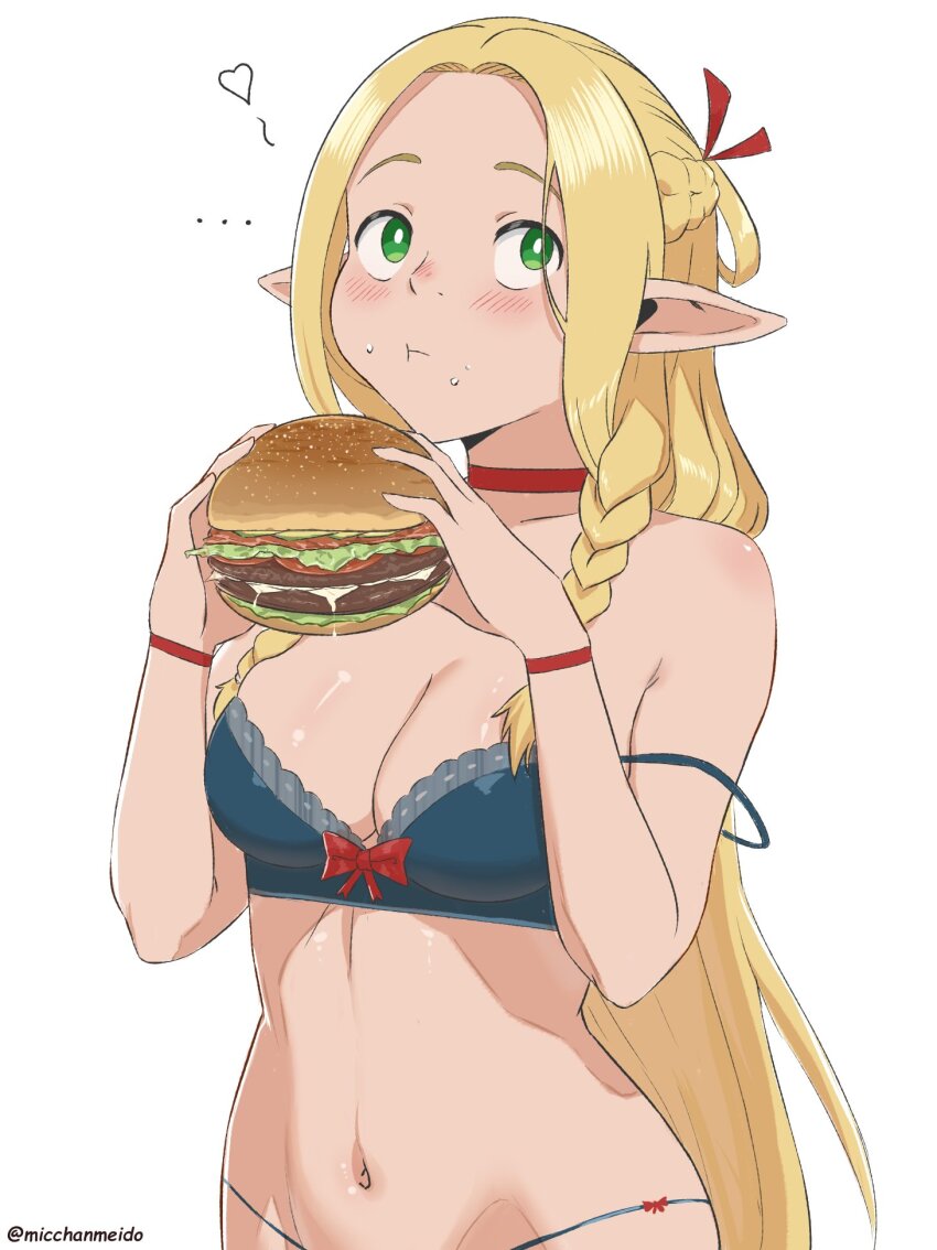 ... 1girl blonde_hair blue_bra blue_panties blush bra braid breasts bright_pupils burger choker cleavage closed_mouth commentary dungeon_meshi elf food food_on_face green_eyes hair_ribbon hands_up heart highres holding holding_burger holding_food large_breasts lettuce long_hair looking_to_the_side looking_up low_twin_braids marcille_donato micchan_(micchanmeido) navel panties pointy_ears red_choker red_ribbon ribbon simple_background solo strap_slip tomato tomato_slice twin_braids twitter_username underwear underwear_only upper_body very_long_hair white_background white_pupils