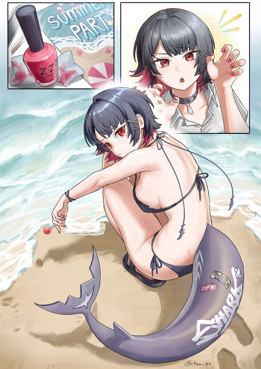 1girl achaw_x2 beach bikini black_bikini black_hair candy claw_pose colored_inner_hair ellen_joe fins fish_tail food footprints full_body highres holding holding_candy holding_food holding_lollipop lollipop looking_at_viewer looking_back multicolored_hair nail_polish pink_hair red_eyes shark_girl shark_tail short_hair squatting swimsuit tail water zenless_zone_zero