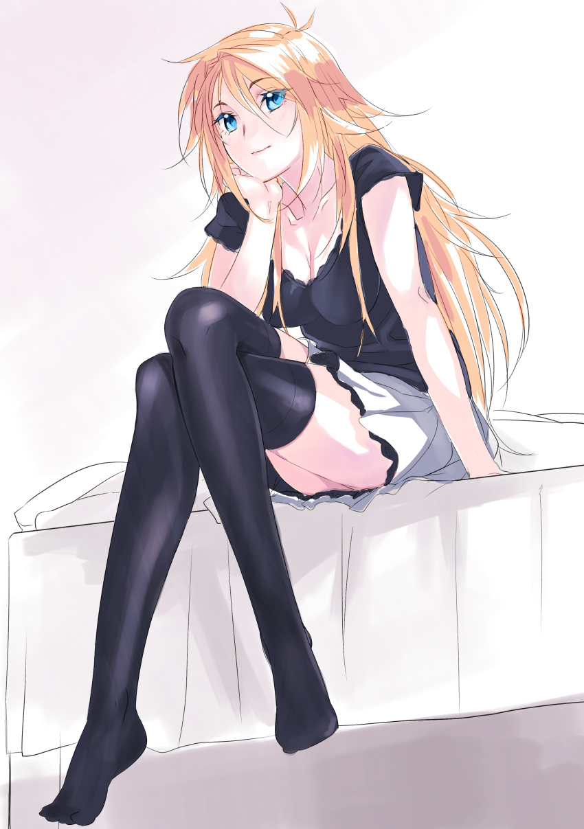 1girl absurdres black_thighhighs blonde_hair blue_eyes breasts cleavage crossed_legs female_focus highres light_smile long_hair nana_g sitting skirt solo thighhighs tsujidou-san_no_jun&#039;ai_road tsujidou_ai