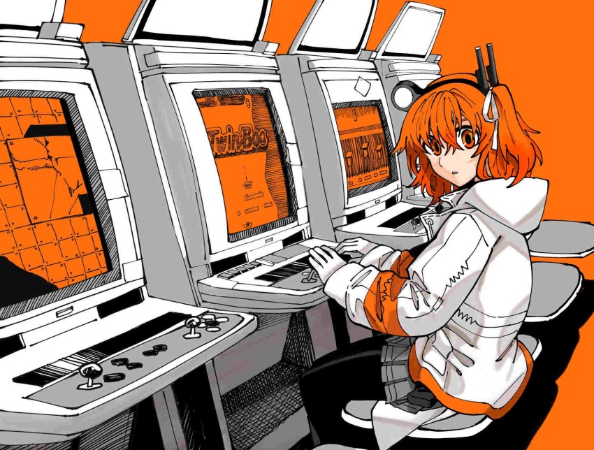 1girl a.i._voice adachi_rei arcade_cabinet black_pantyhose commentary gloves grey_skirt hair_between_eyes hair_ribbon headlamp highres hood hood_down hooded_coat long_sleeves looking_at_viewer natuso7 one_side_up orange_background orange_eyes orange_hair pantyhose parted_lips playing_games pleated_skirt ribbon simple_background sitting skirt solo twinbee utau white_gloves white_ribbon