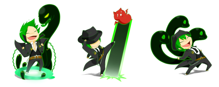 1boy absurdres arc_system_works blazblue chibi echigoya_(kurodakai) closed_eyes fedora fingerless_gloves gii gloves green_eyes green_hair hat hazama high_kick highres kicking long_image male_focus open_mouth white_background wide_image yuuki_terumi