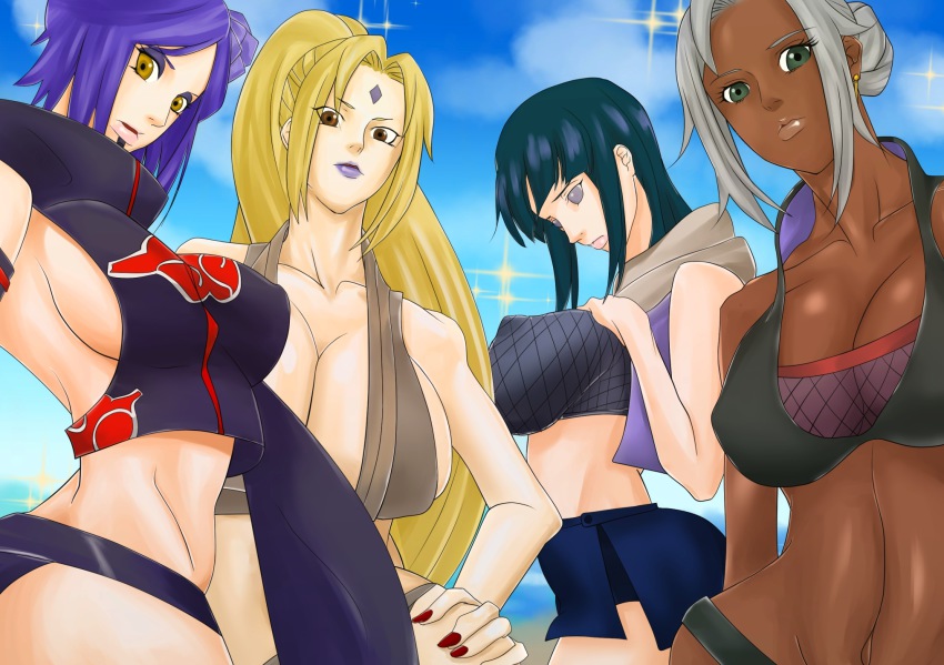 4girls blonde_hair blue_eyes blue_hair breasts brown_eyes cleavage dark-skinned_female dark_skin day facial_mark forehead_mark green_eyes grey_hair highres hyuuga_hinata konan_(naruto) labret_piercing large_breasts lipstick long_hair looking_at_viewer mabui_(naruto) makeup mattsun_(lyohei-adgjmptw) midriff multiple_girls naruto_(series) naruto_shippuuden outdoors purple_lips sideboob tsunade_(naruto) yellow_eyes