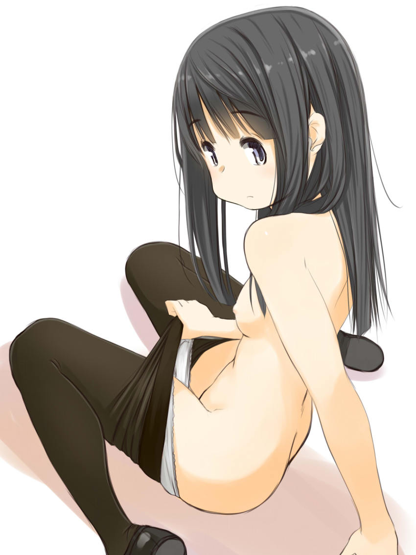 1girl arm_support black_eyes black_hair black_pantyhose breasts butt_crack clothes_pull female_focus groin highres loafers long_hair looking_at_viewer nipples original panties panty_pull pantyhose pantyhose_pull raised_eyebrows retsumaru school_uniform shoes simple_background sitting small_breasts solo topless underwear wariza white_background white_panties