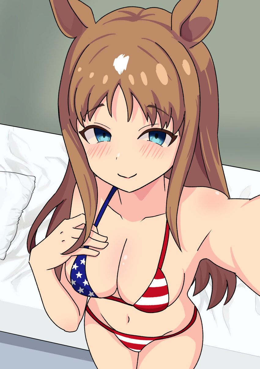 1girl absurdres american_flag american_flag_bikini american_flag_print animal_ears bikini blue_eyes breasts brown_hair cleavage cowboy_shot embarrassed flag_print grass_wonder_(umamusume) highres horse_ears horse_girl horse_tail kuronekozaka long_hair looking_at_viewer looking_back medium_breasts parted_lips print_bikini simple_background standing swimsuit tail umamusume