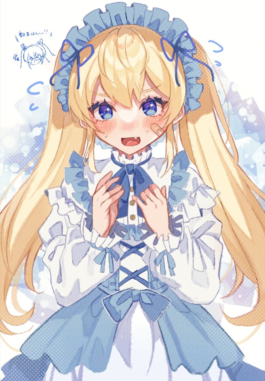 1girl bandaid bandaid_on_cheek bandaid_on_face blonde_hair blue_dress blue_eyes blush chibi chibi_inset dress embarrassed fang frilled_dress frilled_hairband frilled_sleeves frills goddess_of_victory:_nikke hairband highres laplace_(nikke) lolita_fashion lolita_hairband long_hair looking_at_viewer open_mouth shimada_(smd_dms) solo twintails white_dress