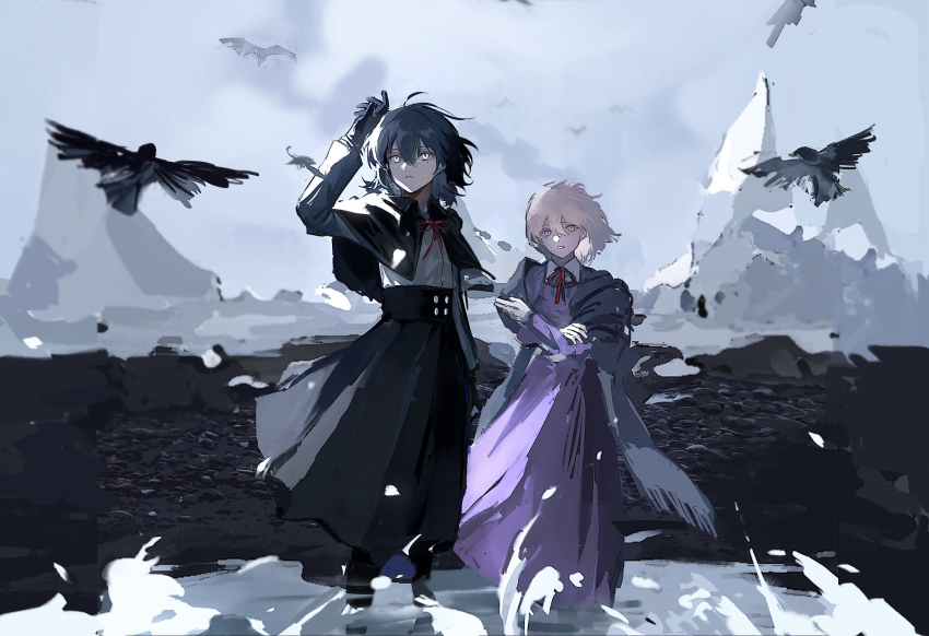 2girls ahoge bird black_bird black_cape black_capelet black_gloves black_hair black_skirt blonde_hair cape capelet collared_dress commentary crossed_arms dress floating_hair glacier gloves hair_between_eyes hand_up highres ice long_sleeves looking_afar looking_at_viewer maribel_hearn medium_hair multiple_girls neck_ribbon no_headwear outdoors parted_lips purple_dress red_ribbon ribbon shirt skirt tokinhr touhou usami_renko water white_eyes white_shirt yellow_eyes