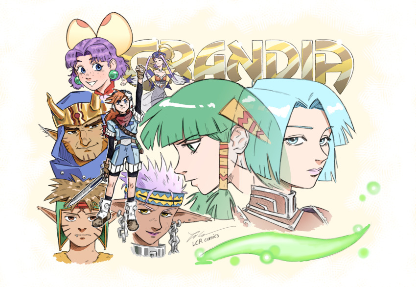 3boys 5girls androgynous bandana blue_eyes blue_hair blue_headband boots brown_boots brown_eyes brown_hair commentary copyright_name earrings english_commentary facial_mark feena_(grandia) fingerless_gloves freckles gadwin_(grandia) gloves goggles goggles_on_head grandia grandia_i green_eyes green_hair headband highres holding holding_sword holding_weapon hood jewelry justin_(grandia) lcr_comics leen_(grandia) liete_(grandia) milda_(grandia) multiple_boys multiple_earrings multiple_girls orange_hair outstretched_arms pink_lips pointy_ears purple_hair rapp_(grandia) red_bandana short_hair signature sue_(grandia) sword weapon whisker_markings