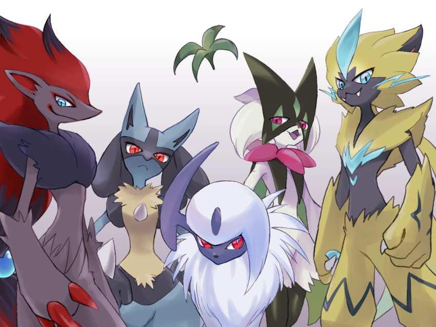 absol black_hair blue_eyes claws closed_mouth creatures_(company) furry game_freak gen_3_pokemon gen_4_pokemon gen_5_pokemon gen_7_pokemon green_hair highres horns koso2023 legendary_pokemon long_hair lucario mask meowscarada mythical_pokemon nintendo open_mouth pink_eyes pokemon pokemon_(creature) red_eyes red_hair single_horn smile spikes very_long_hair white_hair zeraora zoroark