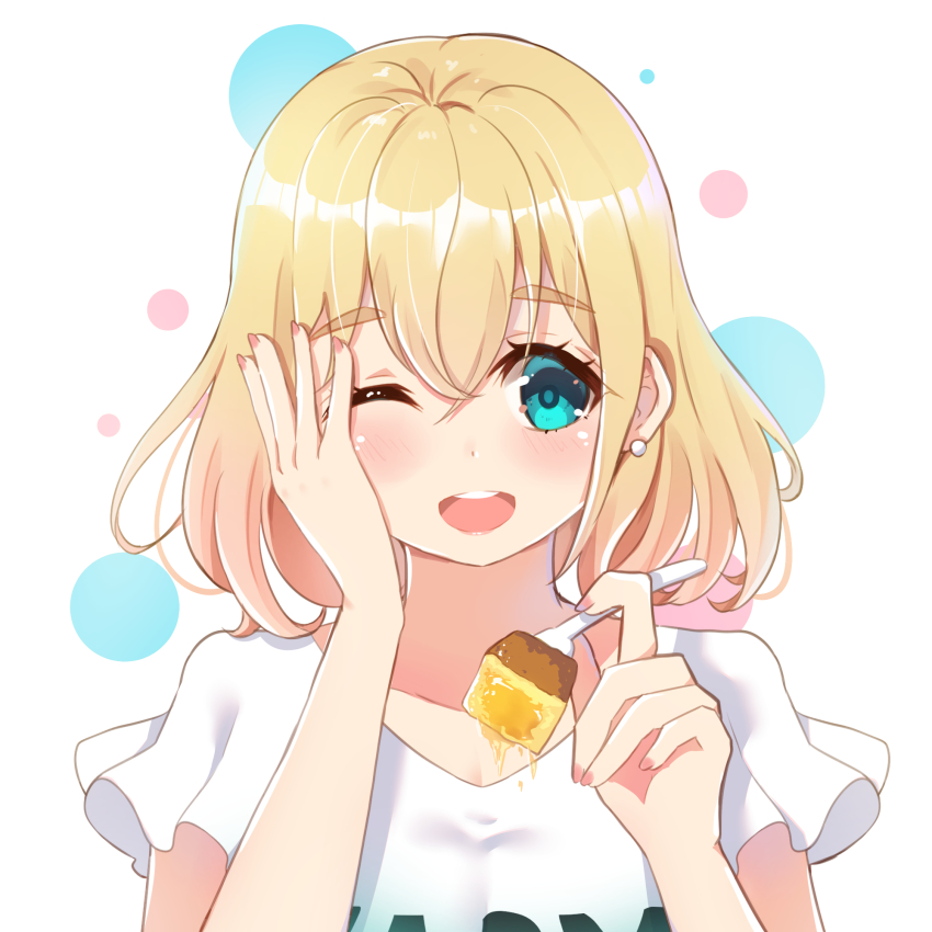 1girl ;d blonde_hair blue_eyes blush earrings fingernails food fork hair_between_eyes hand_on_own_face hand_up highres holding holding_fork holmemee jewelry kanojo_okarishimasu nail_polish nanami_mami one_eye_closed open_mouth pink_nails shirt short_hair short_sleeves smile solo teeth upper_teeth_only white_background white_shirt