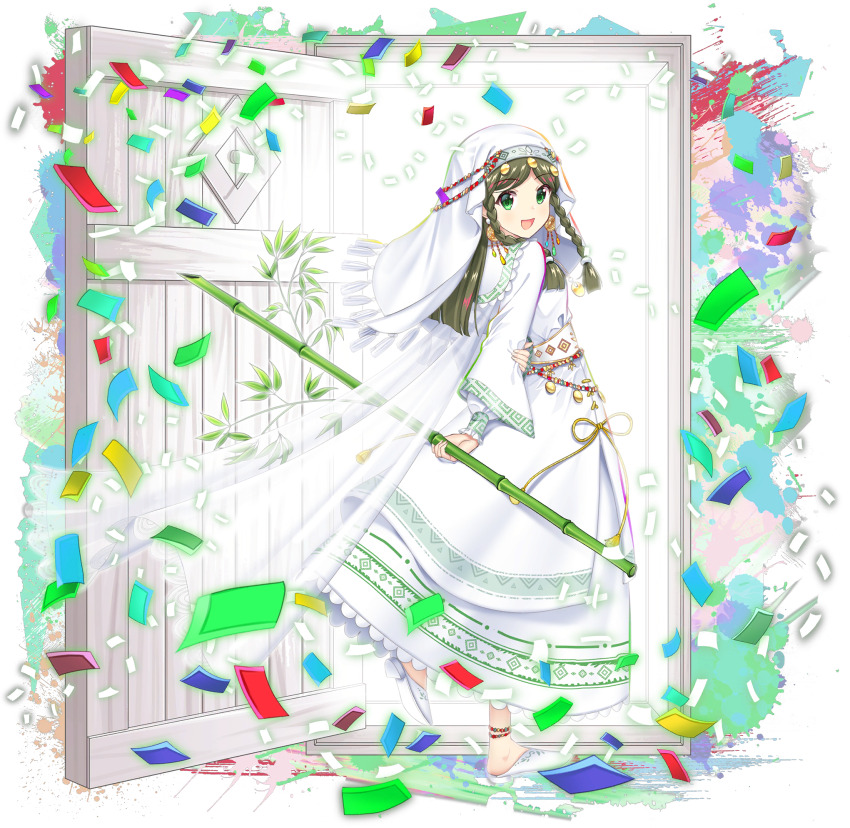 1girl alternate_costume bamboo braid clothing_request confetti door earrings full_body game_cg green_eyes green_hair highres holding jewelry long_hair long_sleeves looking_at_viewer official_art open_mouth rotte_(1109) shoes smile solo teireida_mai third-party_source touhou touhou_lostword transparent_background