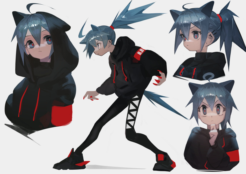 1girl absurdres ahoge animal_ears animal_hood black_footwear black_hoodie black_pants blue_eyes blue_hair closed_mouth drawstring fake_animal_ears fingernails grey_background hair_between_eyes highres hood hood_down hood_up hoodie long_hair miyama_(tokiwairo8) multiple_views nail_polish original pants ponytail red_nails shadow sharp_fingernails shoes simple_background standing v-shaped_eyebrows