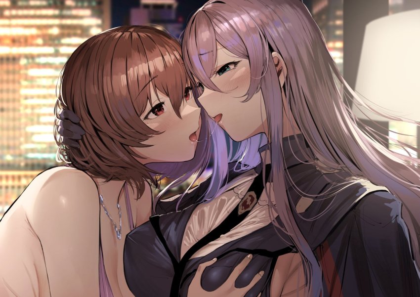 2girls alexandra_viktorovna_dashkova_(tukikagerou) bare_shoulders black_gloves black_necktie blue_eyes blush breasts brown_eyes brown_hair building cleavage covered_erect_nipples dress gloves grabbing_another&#039;s_breast groping head_grab jewelry koruse lampshade large_breasts long_hair looking_at_another multiple_girls necklace necktie night night_sky original pink_dress purple_hair saliva sharifah_ozdil_(tukikagerou) short_hair sideboob sidelocks sky tongue yuri