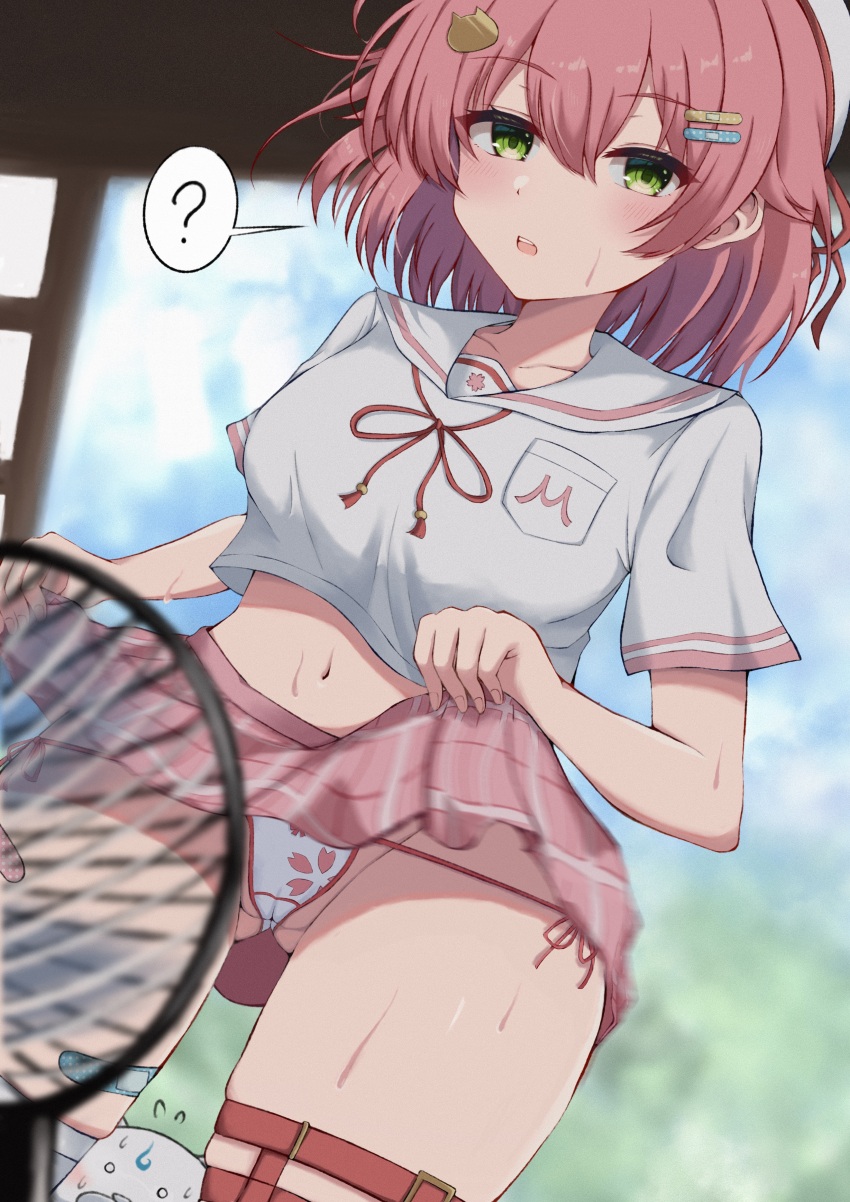 1girl 35p_(sakura_miko) ? absurdres bandaid bandaid_hair_ornament bandaid_on_thigh beret blue_sky blush breasts cameltoe cleft_of_venus clothes_lift collarbone day electric_fan fanning_crotch flying_sweatdrops gluteal_fold green_eyes hair_ornament hat highres hokkegohan hololive hot indoors lifting_own_clothes medium_breasts melting navel o_o official_alternate_costume panties pink_hair plaid_clothes plaid_skirt print_panties sakura_miko sakura_miko_(school_uniform) school_uniform serafuku shirt short_sleeves side-tie_panties skirt skirt_lift sky solo string_panties sweat thigh_strap thighs underwear virtual_youtuber white_panties white_serafuku white_shirt