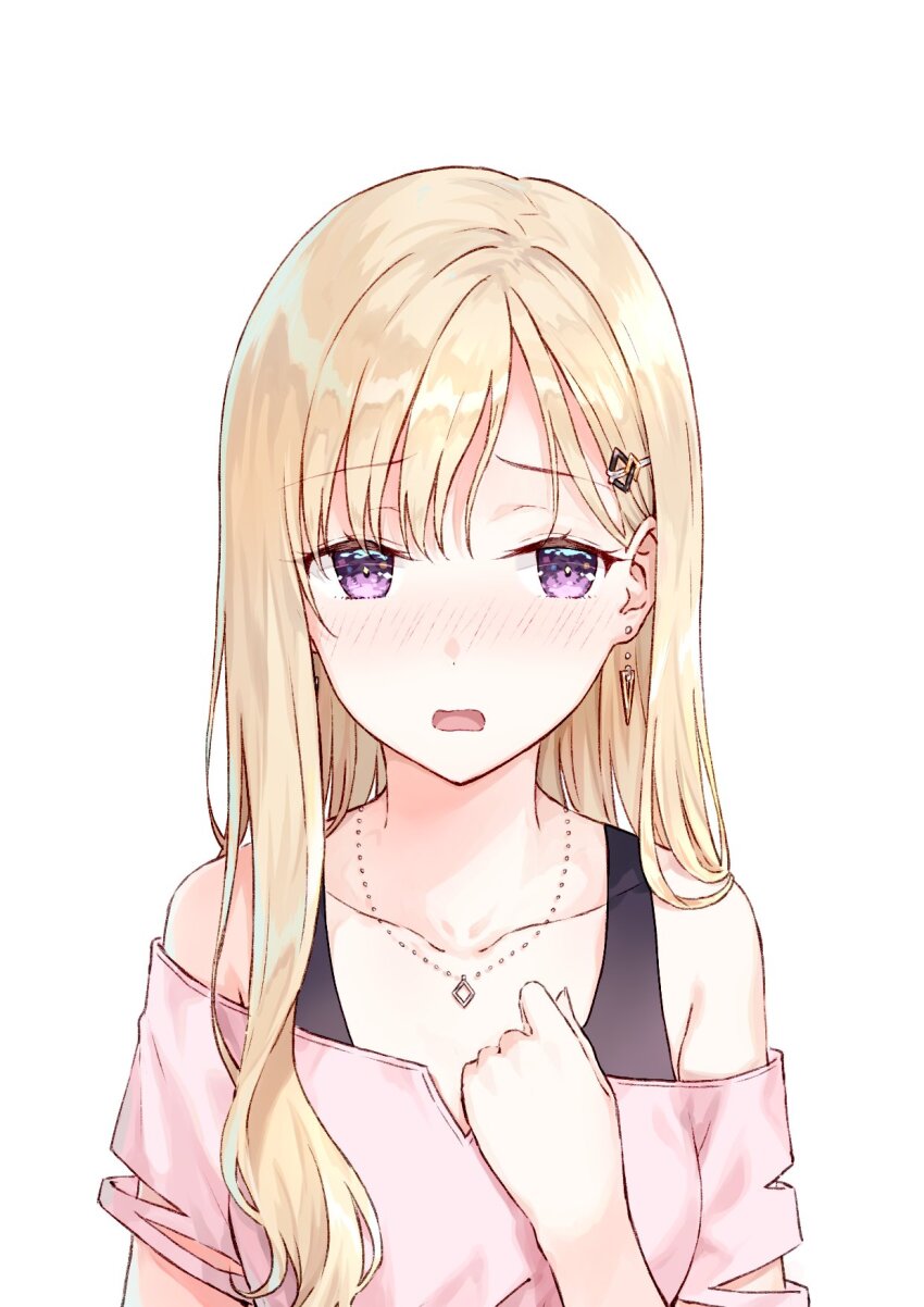 1girl ayase_saki bare_shoulders blonde_hair blush collarbone commentary_request earrings floating_earring gimai_seikatsu hair_ornament hairclip hand_on_own_chest highres hiten_(hitenkei) jewelry long_hair looking_at_viewer necklace off-shoulder_shirt off_shoulder official_art open_mouth pink_shirt purple_eyes second-party_source shirt short_sleeves simple_background solo upper_body white_background