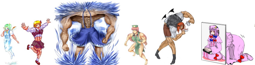 6+girls abs blastbeat blonde_hair cirno daiyousei embodiment_of_scarlet_devil head_tilt highres hong_meiling koakuma long_image manly multiple_girls muscular muscular_female parody patchouli_knowledge red_eyes rumia toguro_otouto touhou wide_image wings yuu_yuu_hakusho