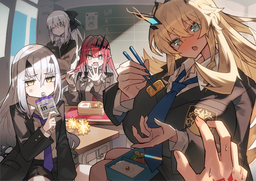 1boy 4girls absurdres anger_vein baobhan_sith_(fate) barghest_(fate) bento black_jacket blazer blonde_hair blue_eyes blue_necktie blush breasts earrings eating fang fate/grand_order fate_(series) feet_out_of_frame fujimaru_ritsuka_(male) green_eyes grey_eyes hair_ornament hair_ribbon hand_up heterochromia highres holding holding_notebook incoming_food jacket jewelry katsu_(katsupainter) large_breasts long_hair looking_at_viewer melusine_(fate) morgan_le_fay_(fate) multiple_girls necktie notebook one_eye_closed open_mouth pointy_ears ponytail pov pov_hands red_hair red_necktie ribbon school_uniform sidelocks sitting skin_fang smile white_hair yellow_eyes