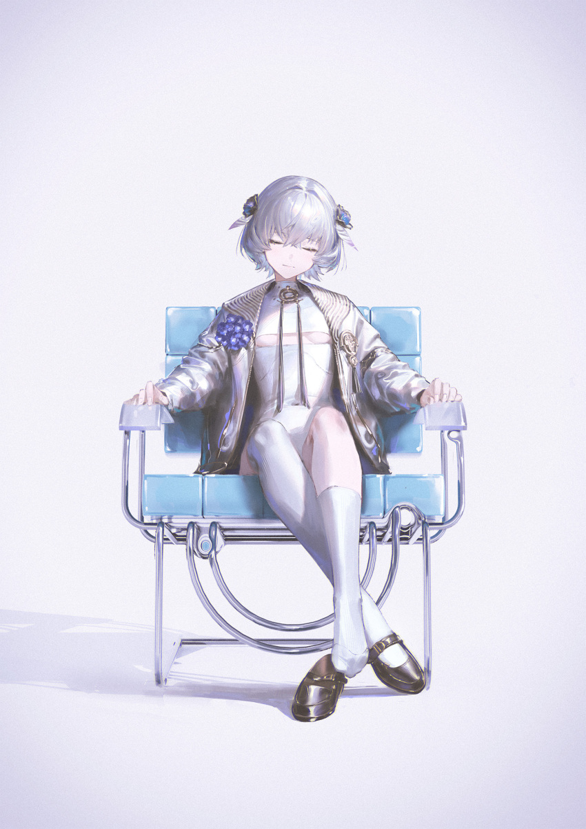 1girl armchair asymmetrical_legwear breast_cutout breasts chair closed_eyes facing_viewer full_body grey_hair hair_ornament highres jacket leotard light_smile mary_janes open_clothes open_jacket original reoen shoes short_hair single_shoe sitting small_breasts solo thighhighs uneven_legwear white_leotard white_thighhighs